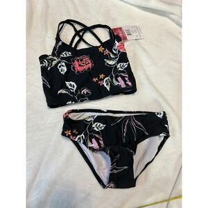 Kanu Surf Reese Girls Black Floral Print Criss Cross Back‎ Swimsuit Size 12